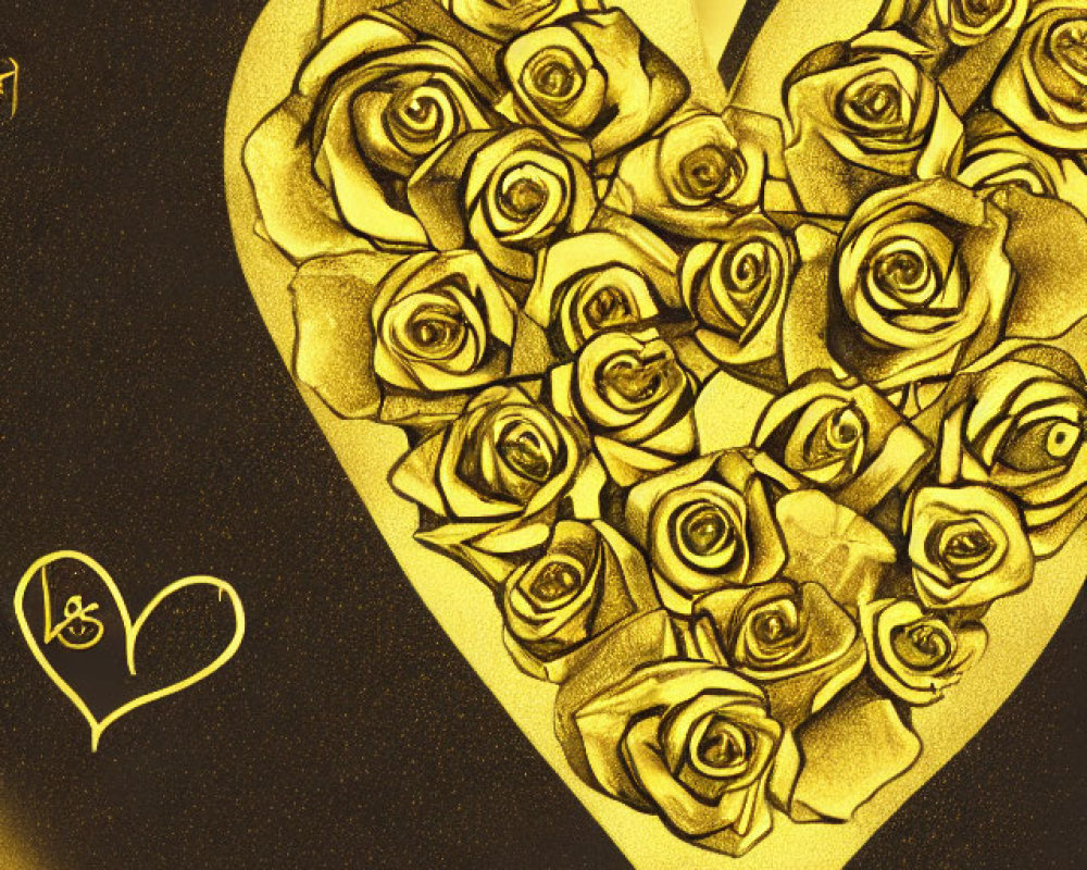 Intricately Designed Golden Heart with Roses on Textured Black Background