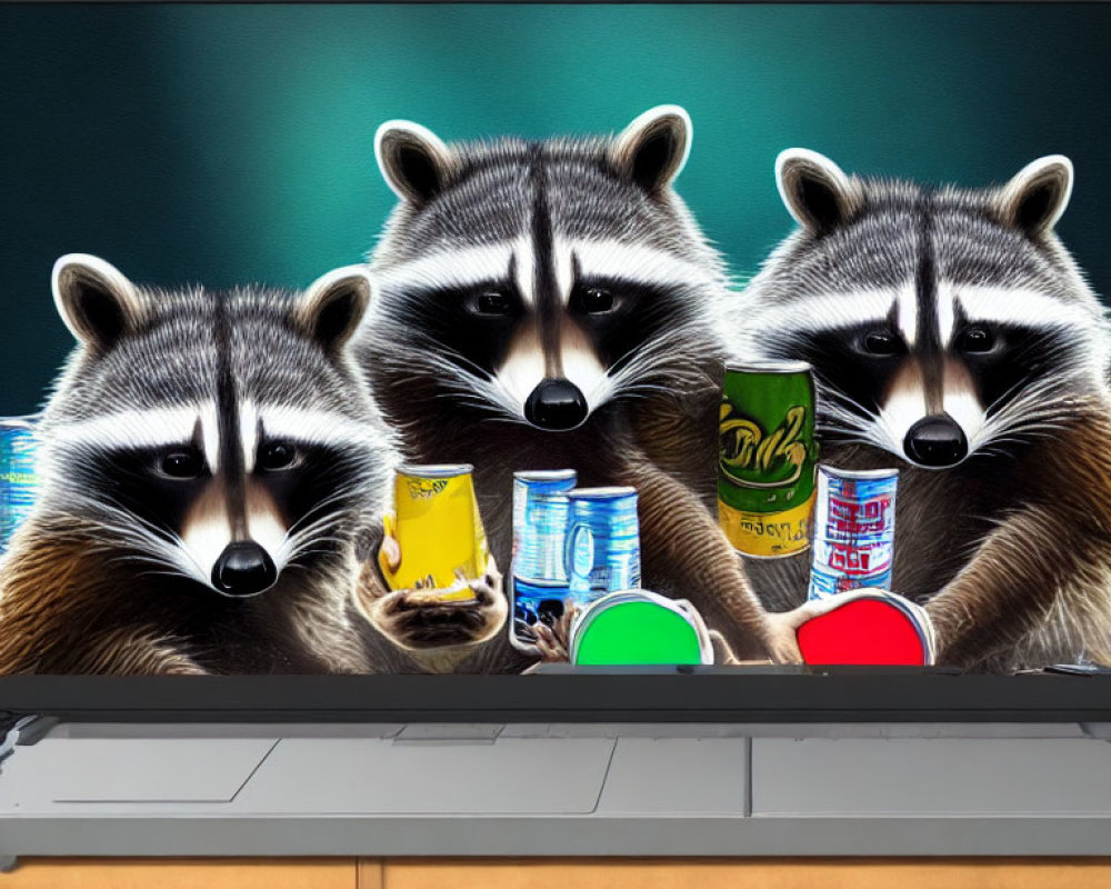 Illustrated raccoons as newscasters with soda cans and microphone on desk