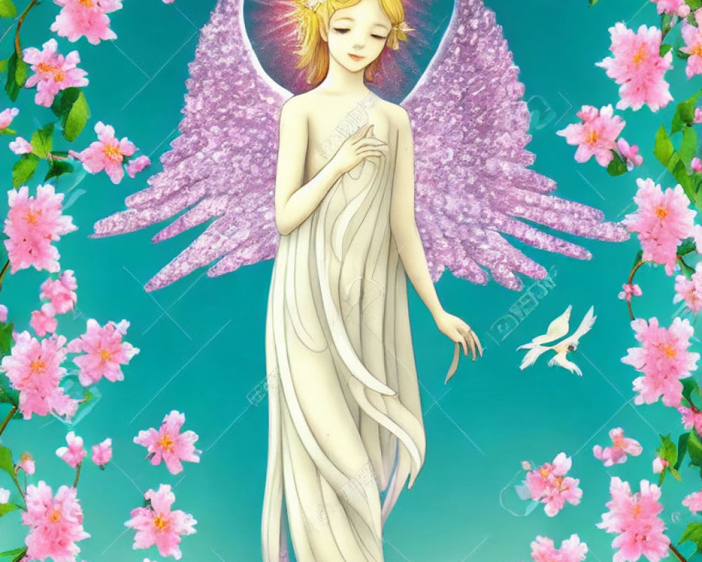 Ethereal figure with wings and halo surrounded by pink flowers on blue background