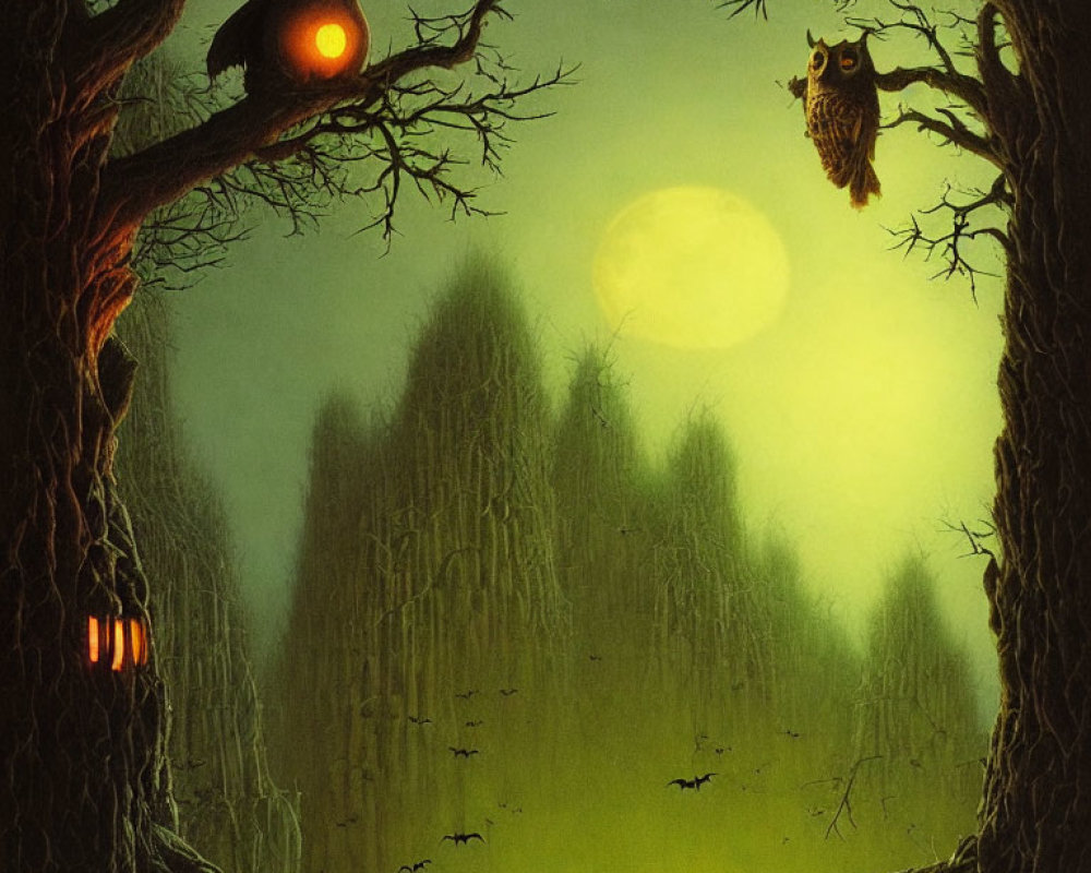 Enchanted forest night scene with owls, full moon, bats, and mist