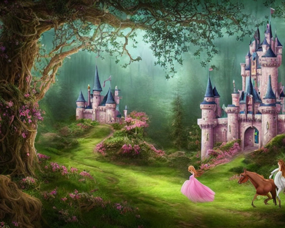 Princess in pink dress with white horses in fairytale landscape