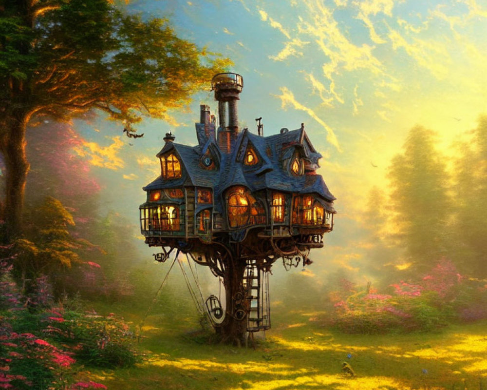 Enchanting forest scene with whimsical glowing treehouse