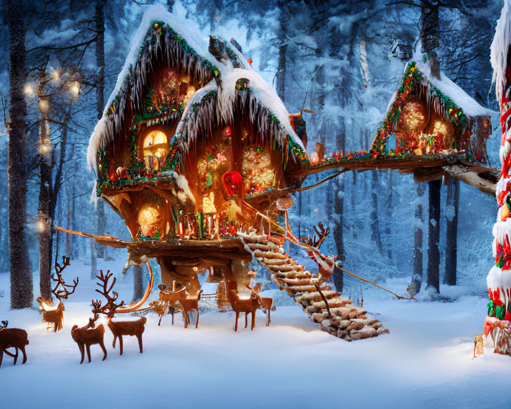 Snow-covered treehouse with reindeer and Christmas lights in a festive winter forest