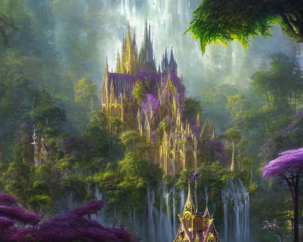 Mystical castle in lush forest with waterfalls and purple foliage