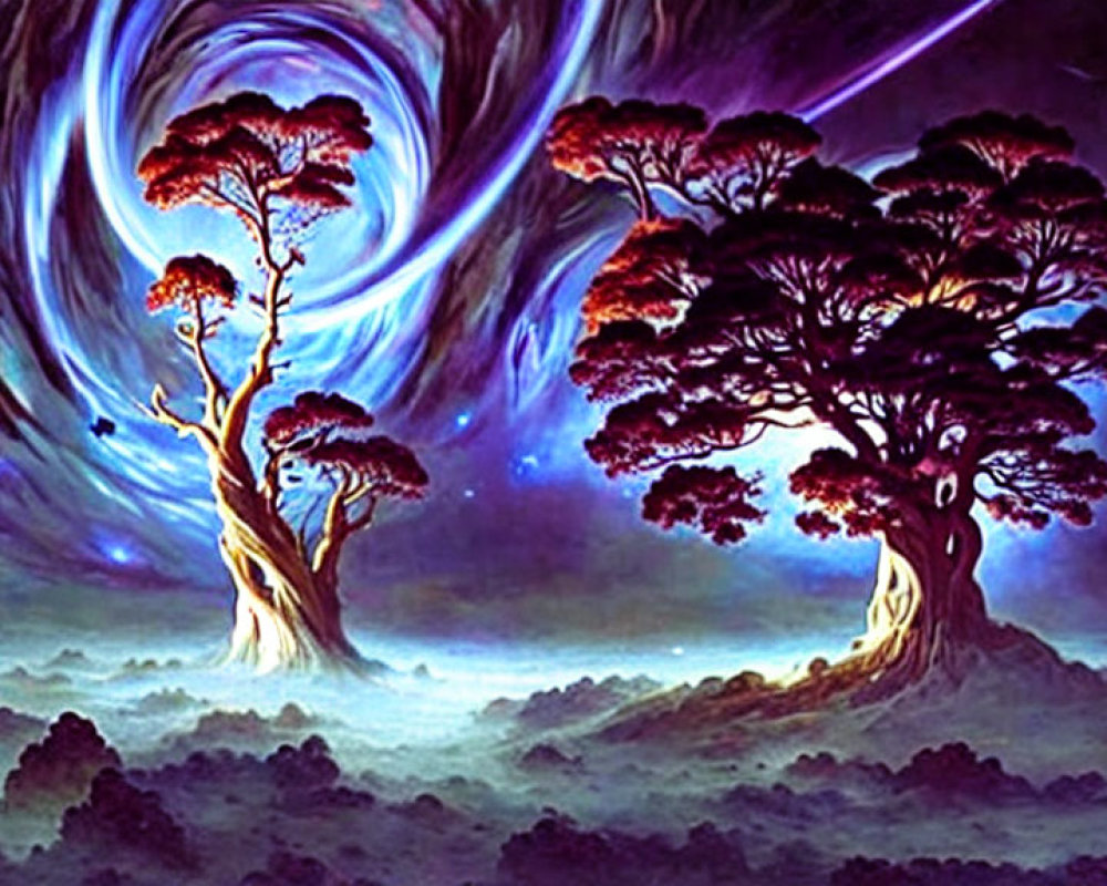 Surreal landscape with swirling blue vortex and mystical trees