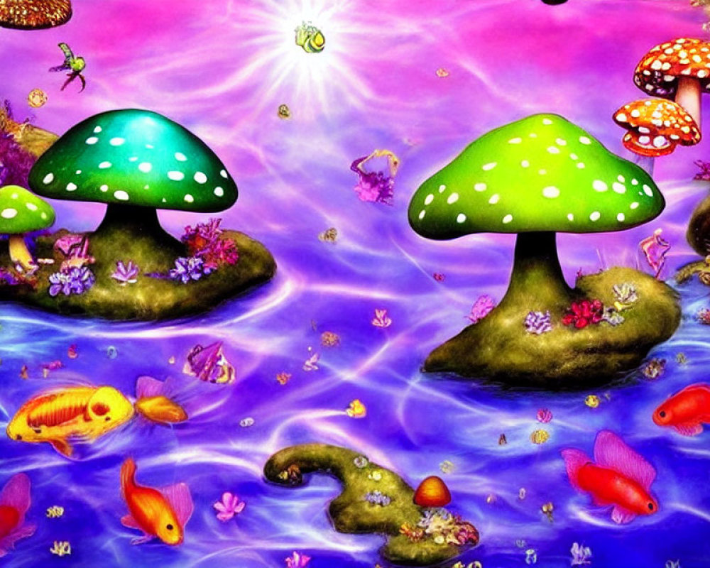 Colorful Mushrooms and Magical Pond in Vibrant Fantasy Landscape