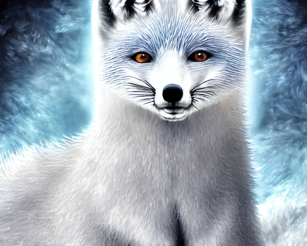 Ethereal white fox with intense orange eyes on starry blue backdrop