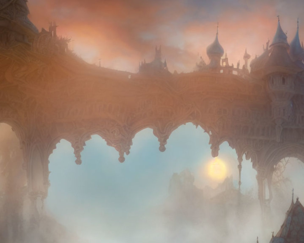 Ethereal fantasy cityscape with ornate towers and spires veiled in mist at dusk