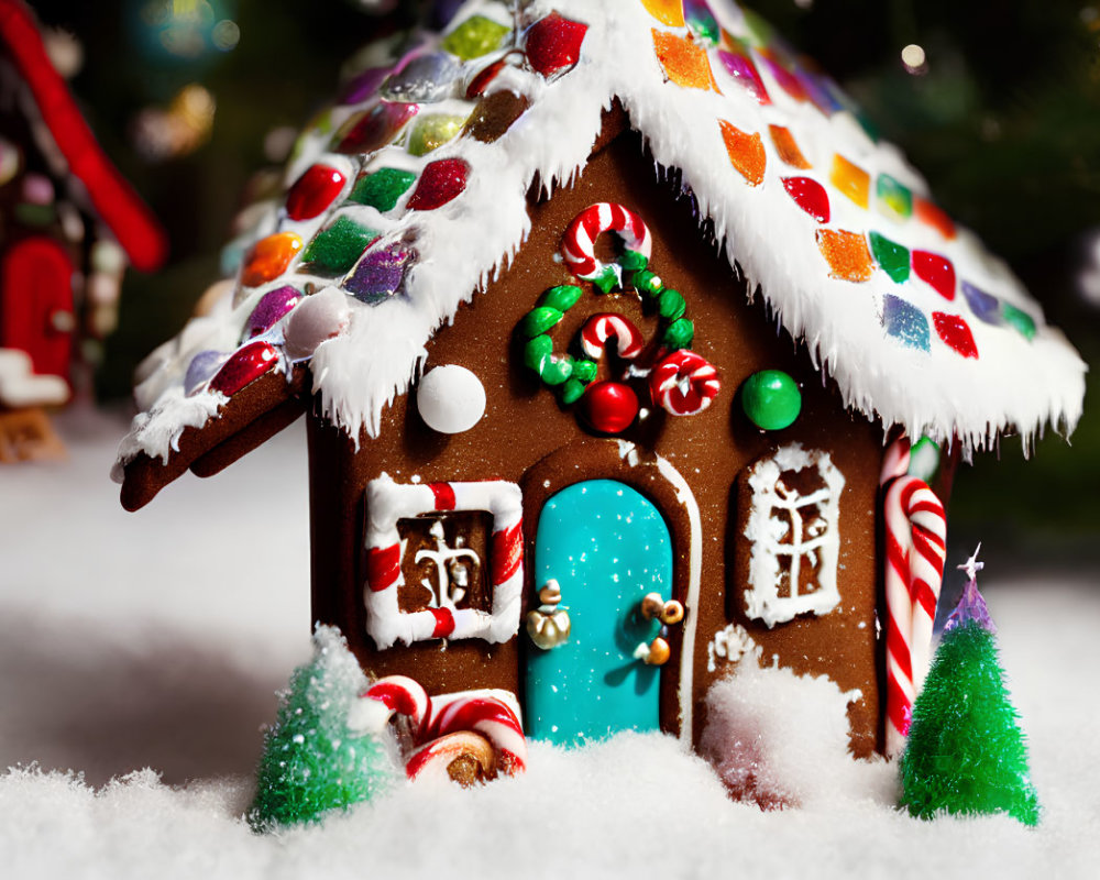 Colorful Candy Adorned Gingerbread House in Snowy Winter Scene