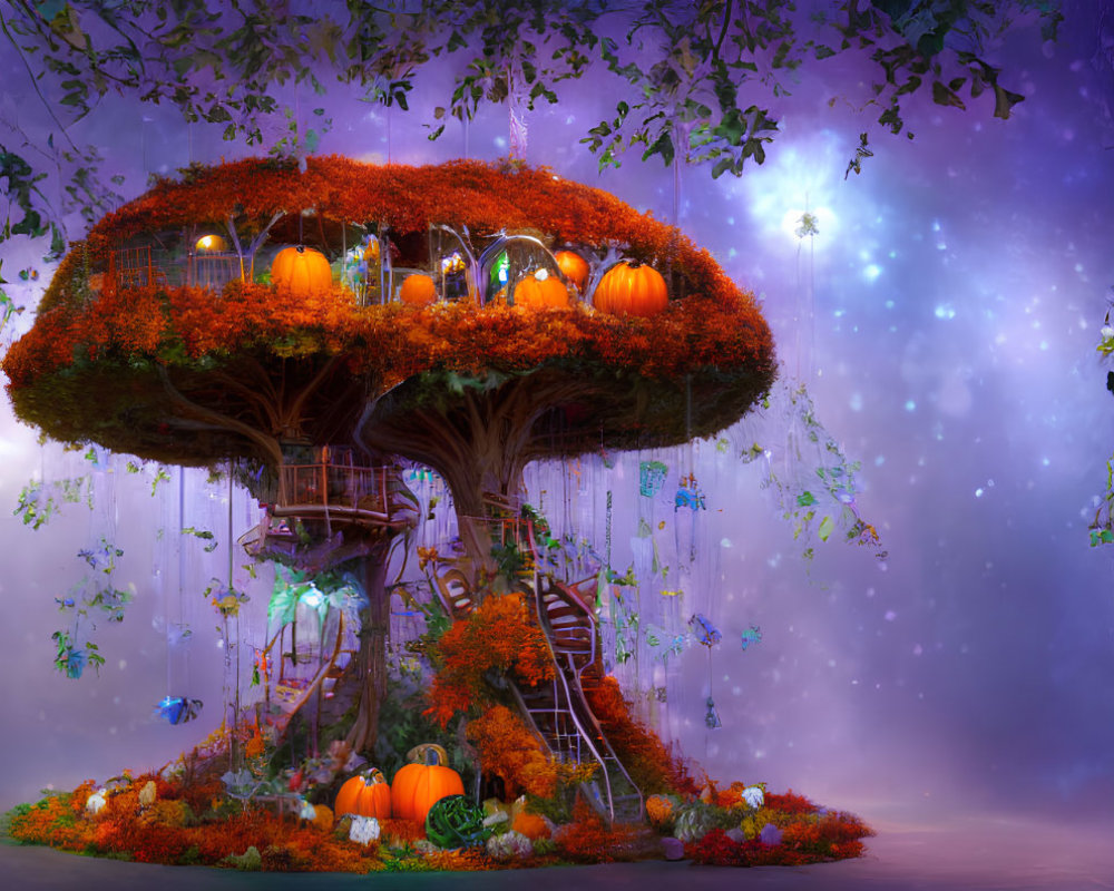 Enchanting treehouse with red-leafed canopy, pumpkins, lanterns in forest under