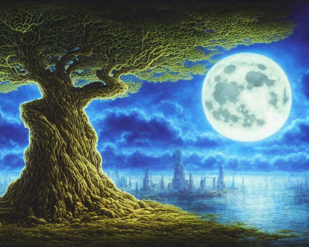 Detailed artwork: Large gnarled tree under full moon with mystical city silhouette.