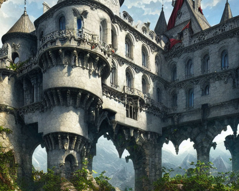 Fantasy castle with multiple towers and arches on rocky cliff