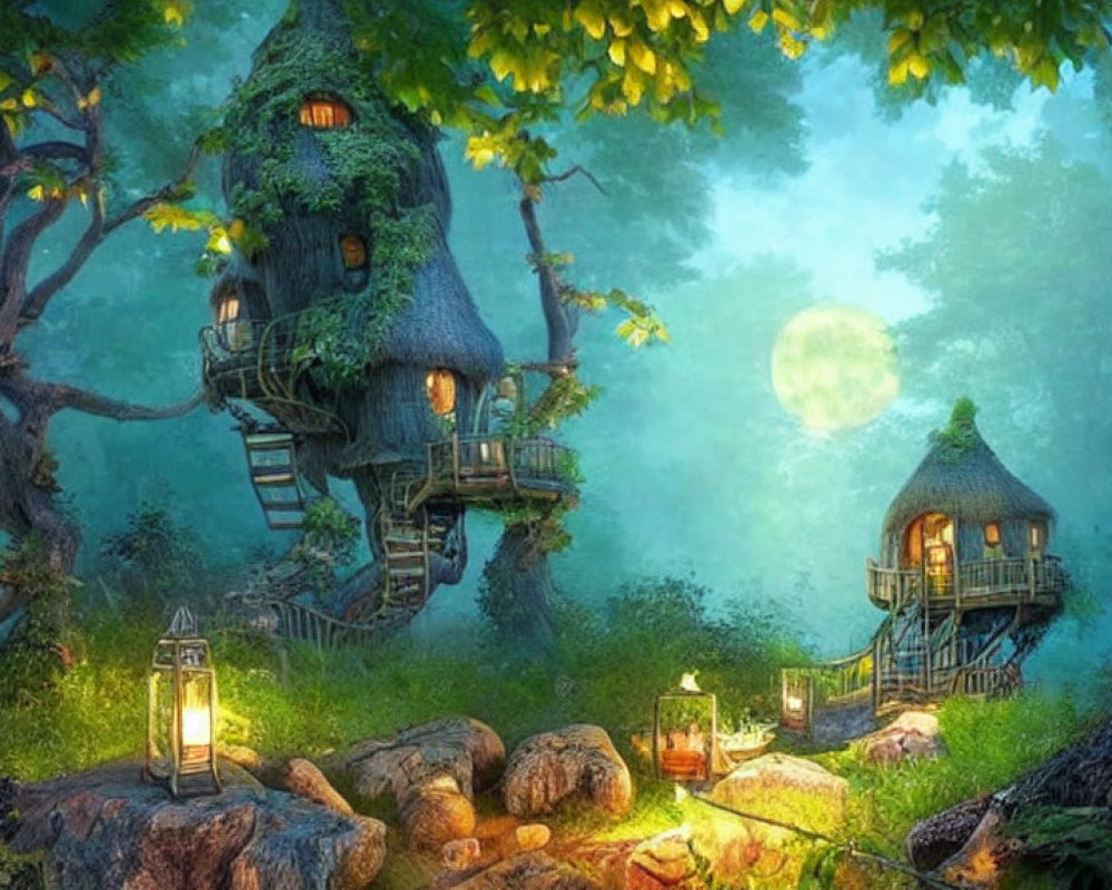 Whimsical treehouses in enchanted forest with glowing lanterns