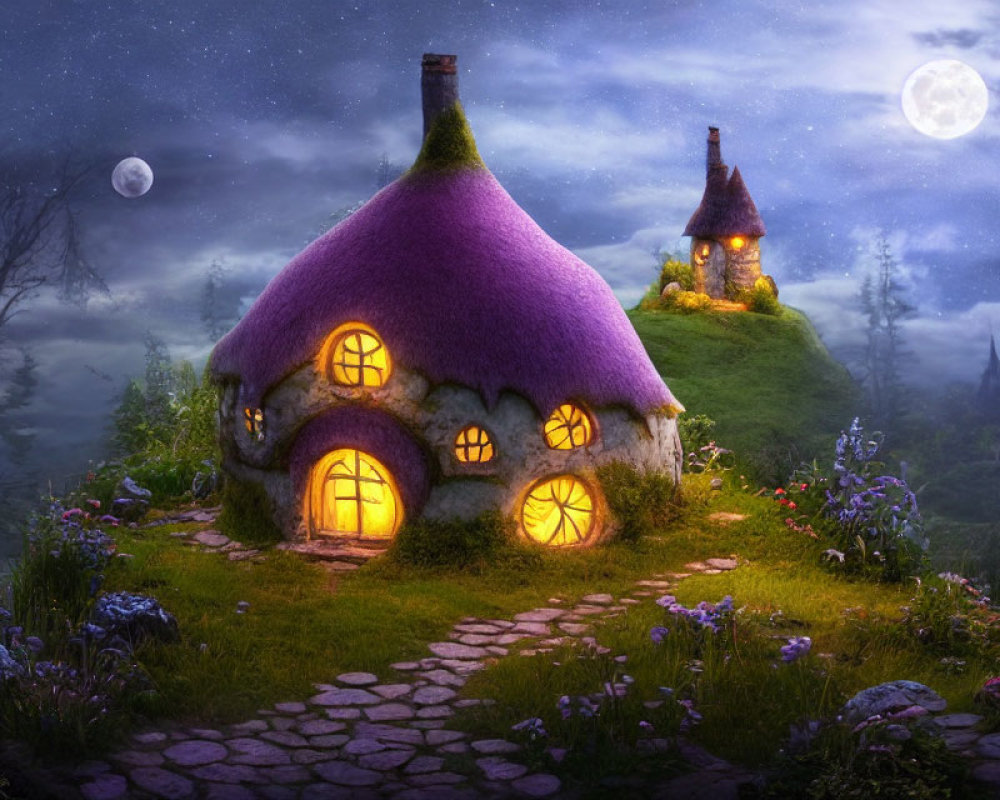 Whimsical purple thatched cottage in moonlit floral landscape