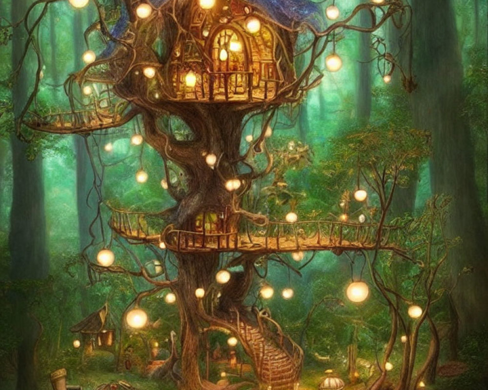 Enchanting Treehouse with Glowing Lanterns in Mystical Forest