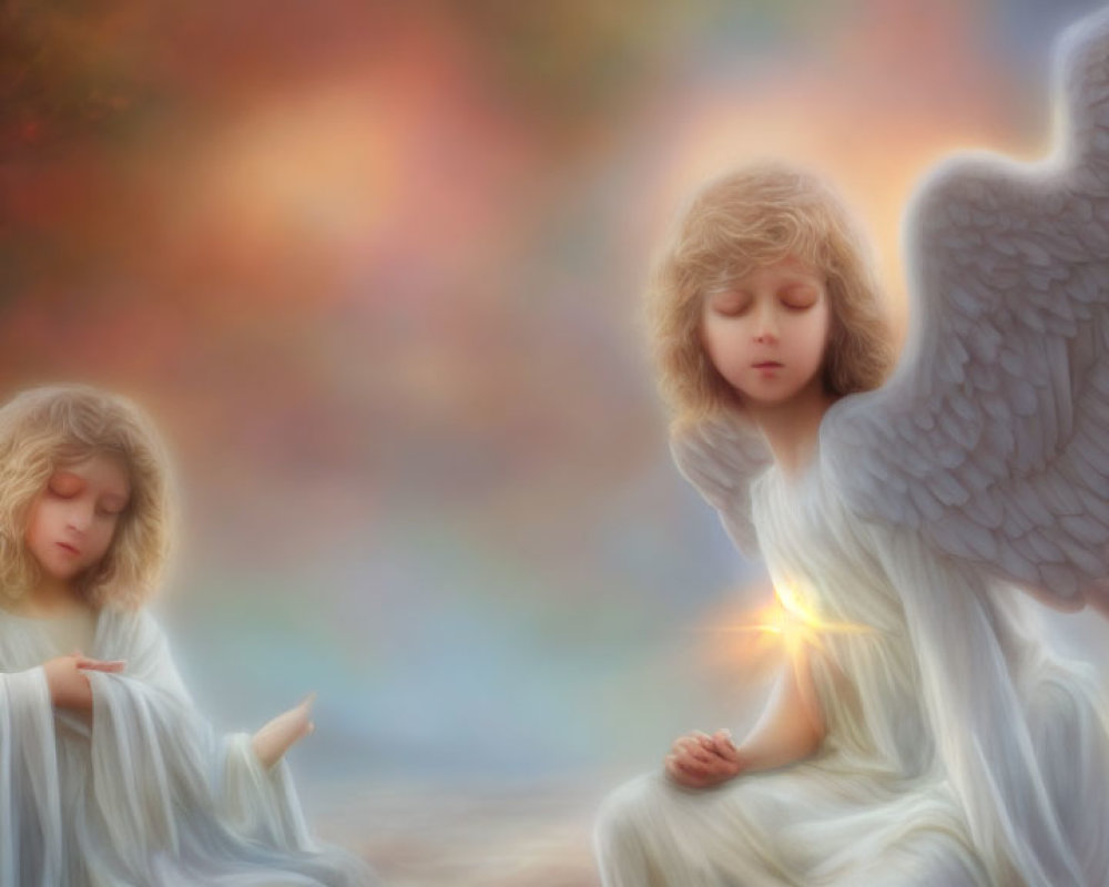 Angelic figures with wings in serene landscape, one standing with radiant light, the other sitting contemplatively