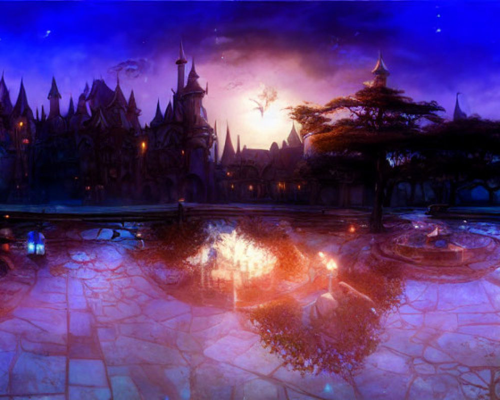 Mystical courtyard with glowing fountains and gothic architecture