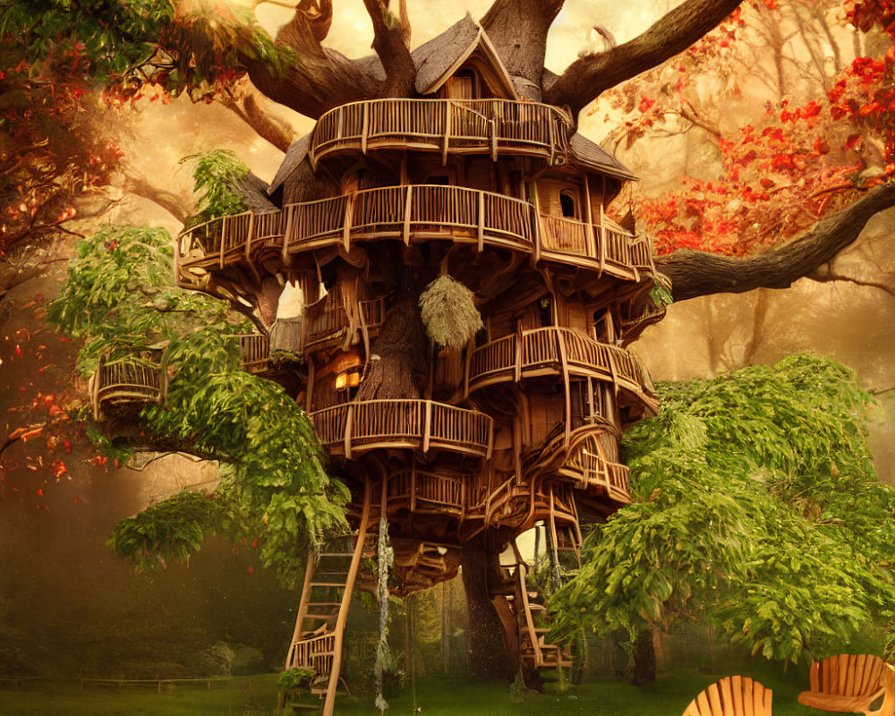 Whimsical multi-level treehouse in lush autumn forest