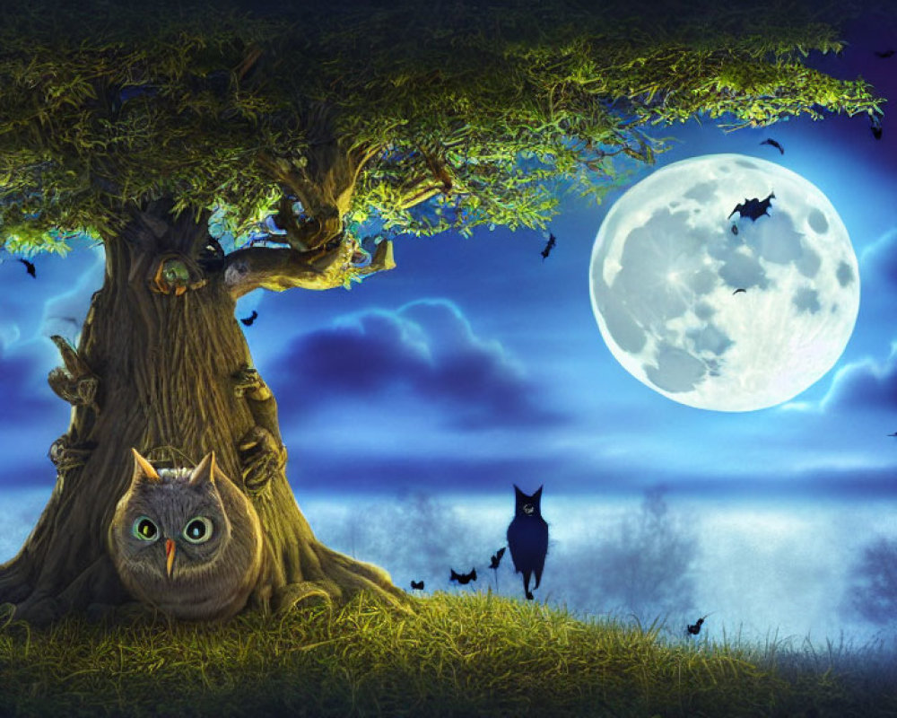 Nighttime scene with oversized cat, full moon, bats, and black cat silhouette.