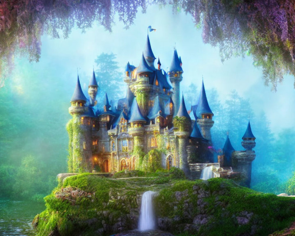 Majestic fairy-tale castle on lush islet with spires, waterfalls, mist,