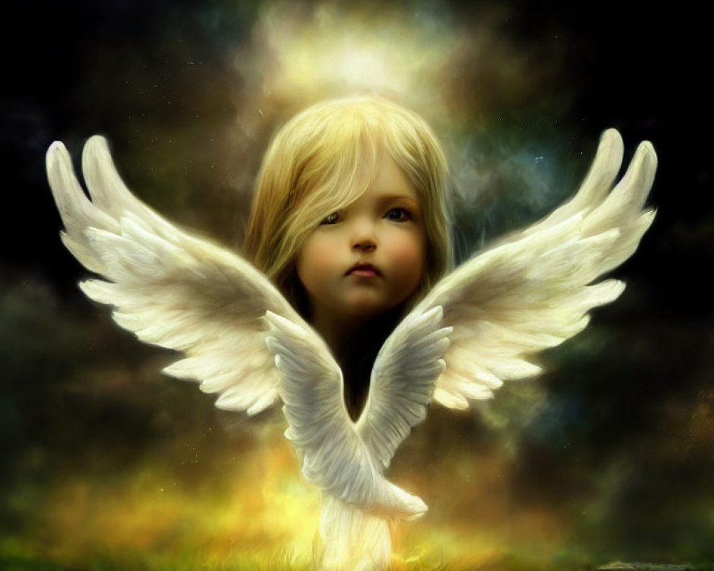 Child with Angel Wings in Celestial Setting and Ethereal Glow