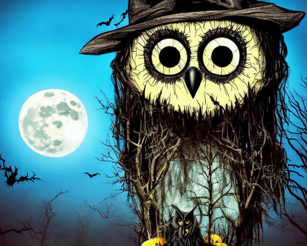 Illustrated owl with large eyes in hat on tree branch under full moon and night sky with bats