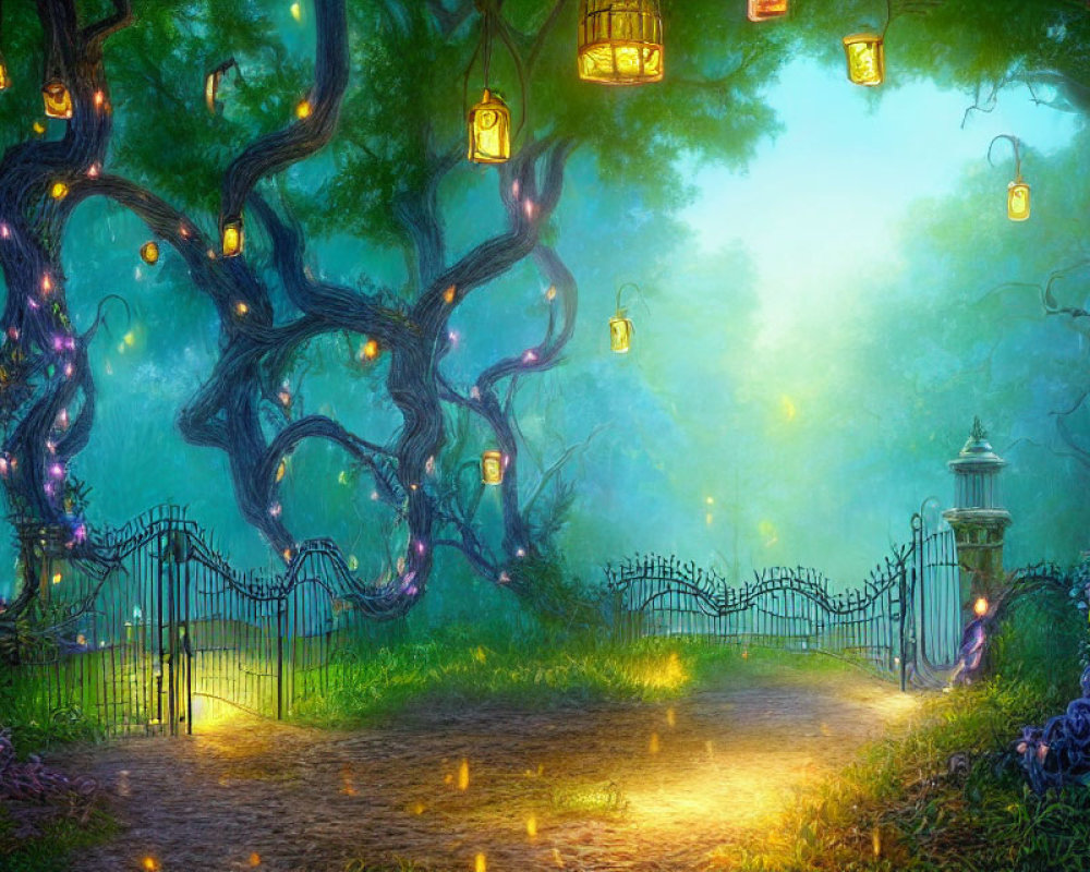 Enchanted forest path with twisted trees, hanging lanterns, and glowing flowers