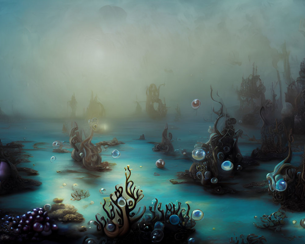 Ethereal underwater scene with glowing plants and orbs in blue fog