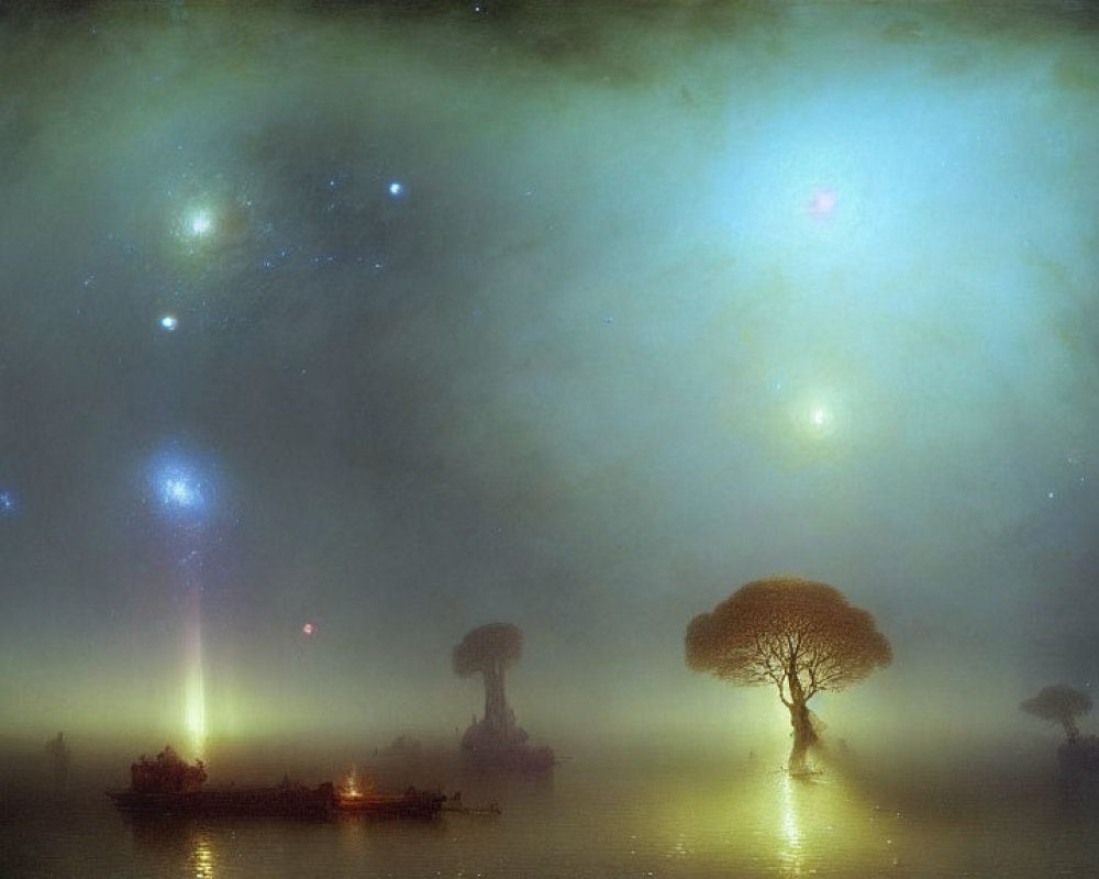 Ethereal nightscape with radiant nebula, shimmering stars, mist-covered lake, trees,