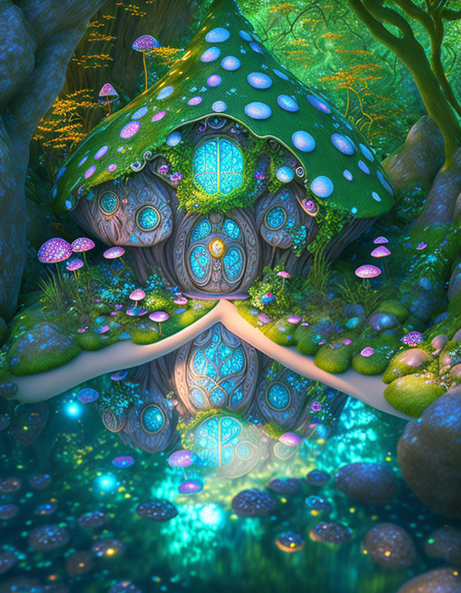 Whimsical mushroom-shaped house in enchanted forest with glowing dots