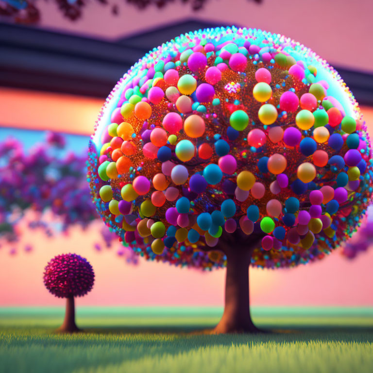 Vibrant stylized trees with spherical canopies in pastel sunset sky