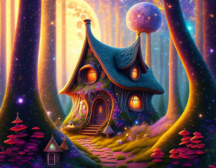 Fantasy illustration of whimsical house under starry sky