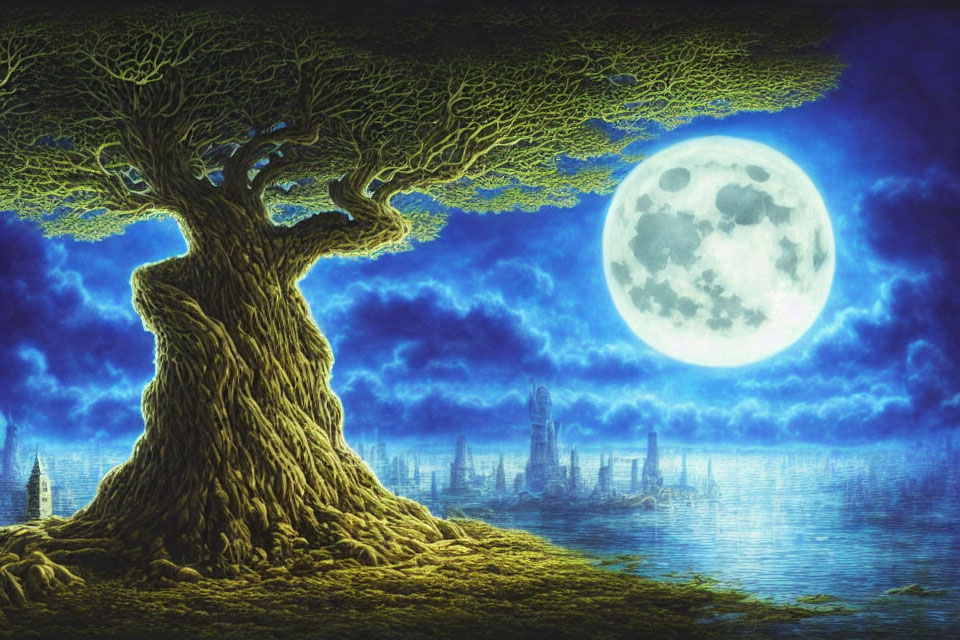 Detailed artwork: Large gnarled tree under full moon with mystical city silhouette.