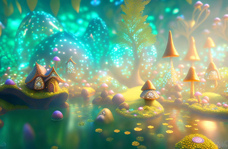 Enchanting Glow-in-the-Dark Forest with Mushroom Houses