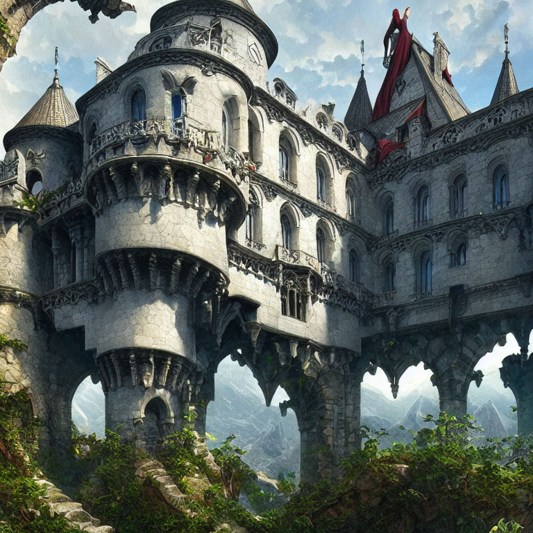 Fantasy castle with multiple towers and arches on rocky cliff