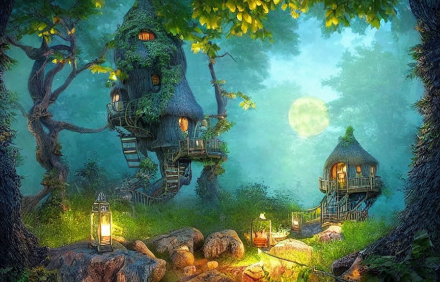 Whimsical treehouses in enchanted forest with glowing lanterns