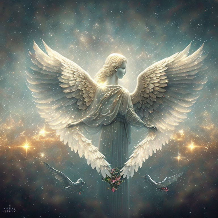 White-winged angel with doves in starry scene