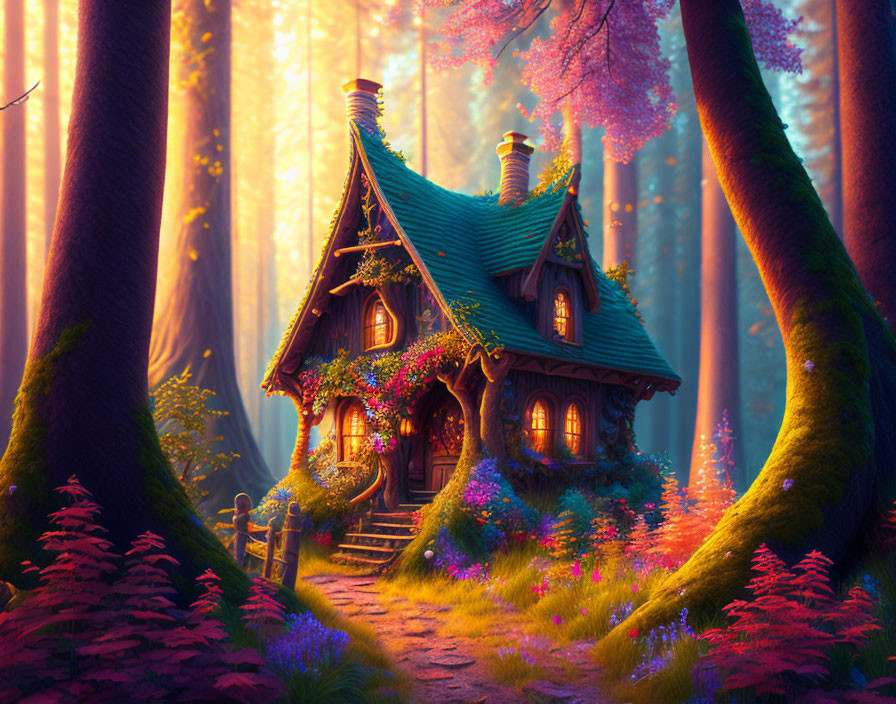 Enchanted forest cottage with vibrant flora in magical sunlight