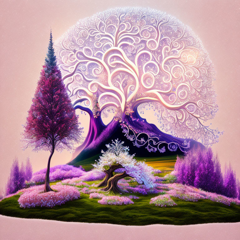 Vibrant purple and pink tree in lush, colorful fantasy landscape