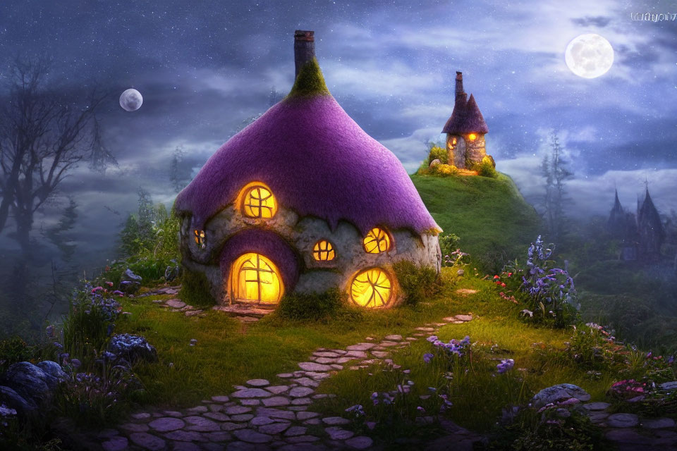 Whimsical purple thatched cottage in moonlit floral landscape