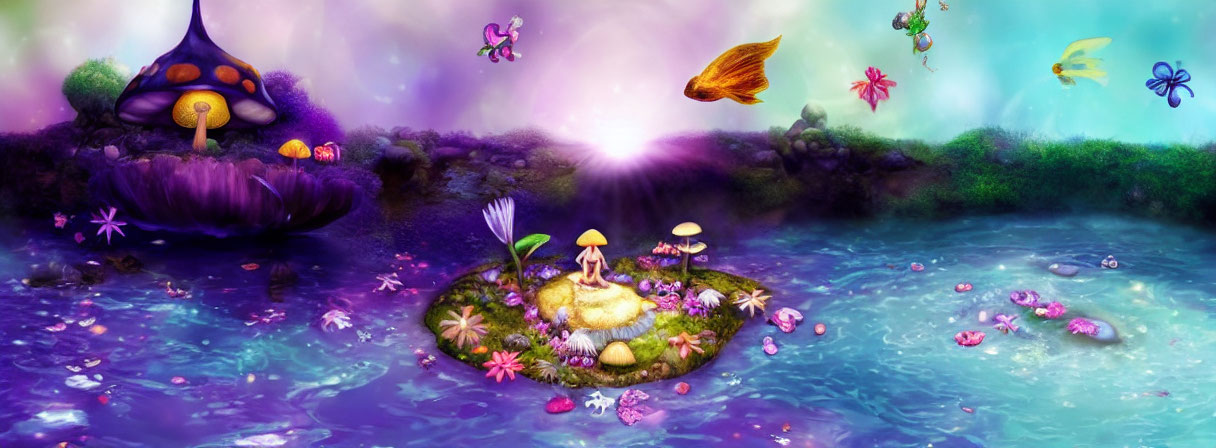 Colorful Fantasy Landscape with Mushroom House, Flora, Butterflies, and Luminous Pond