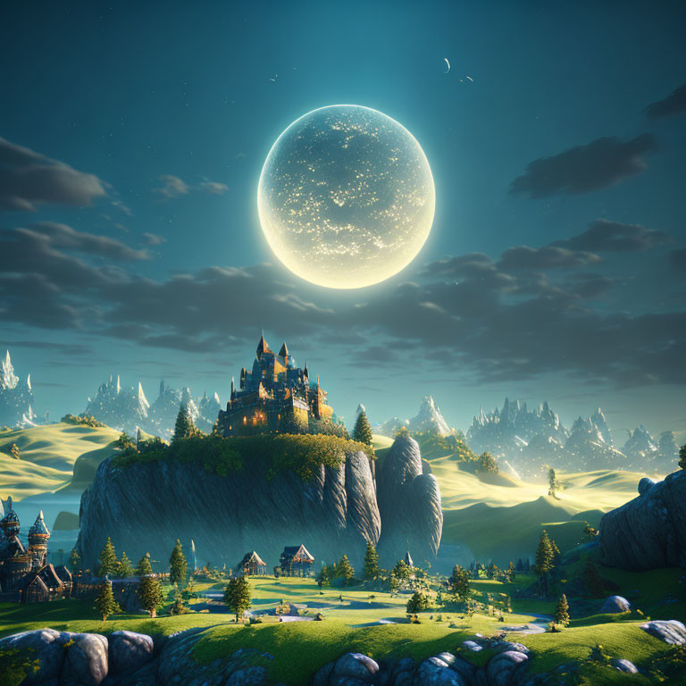 Fantasy landscape with castle on cliff, full moon, village, and icy mountains