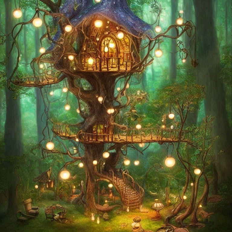 Enchanting Treehouse with Glowing Lanterns in Mystical Forest