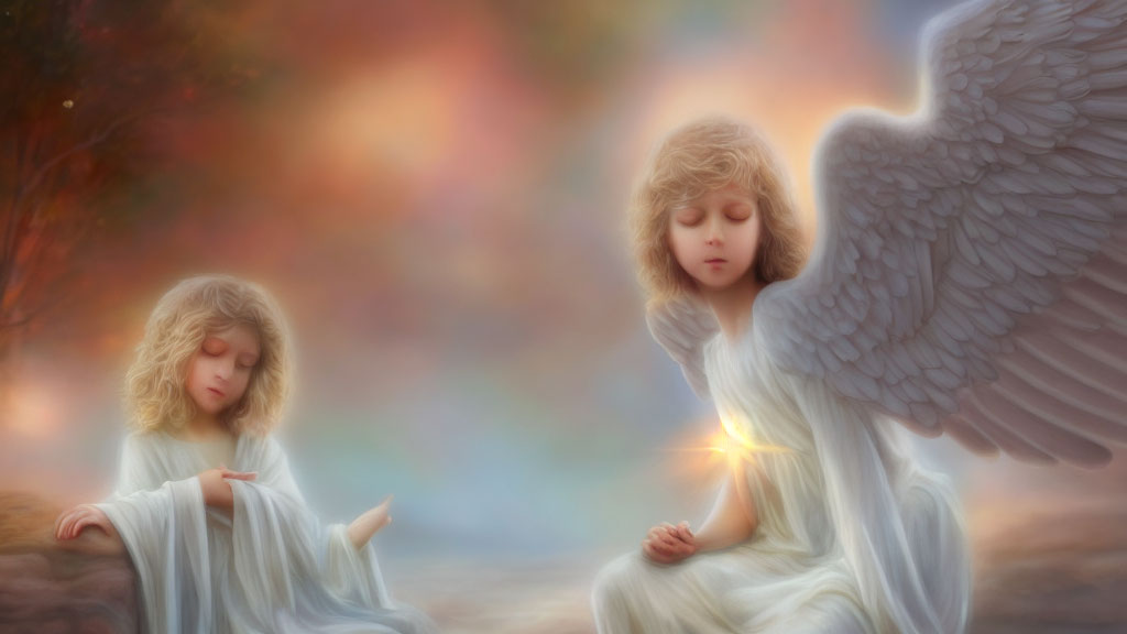 Angelic figures with wings in serene landscape, one standing with radiant light, the other sitting contemplatively