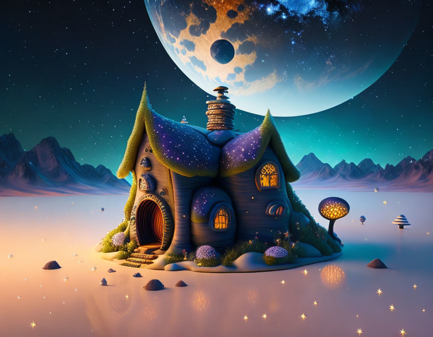 Starry texture cottage floating on water under large moon