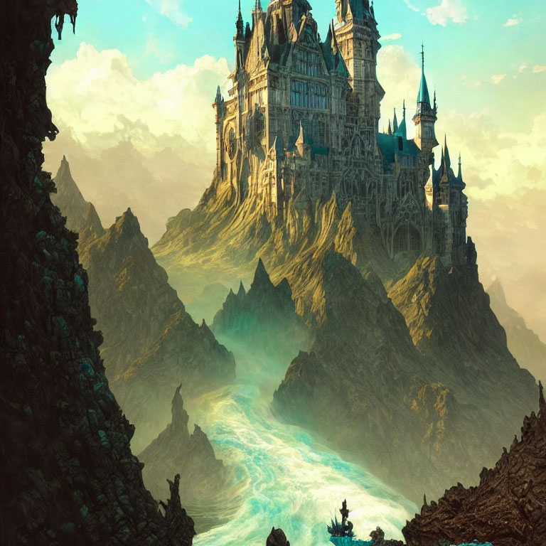 Gothic castle on craggy cliffs above turbulent river