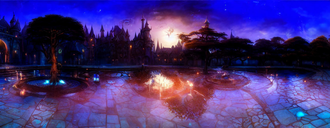 Mystical courtyard with glowing fountains and gothic architecture