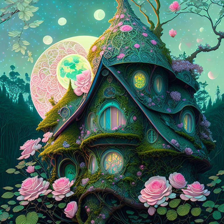 Whimsical treehouse illustration with intricate designs in lush greenery