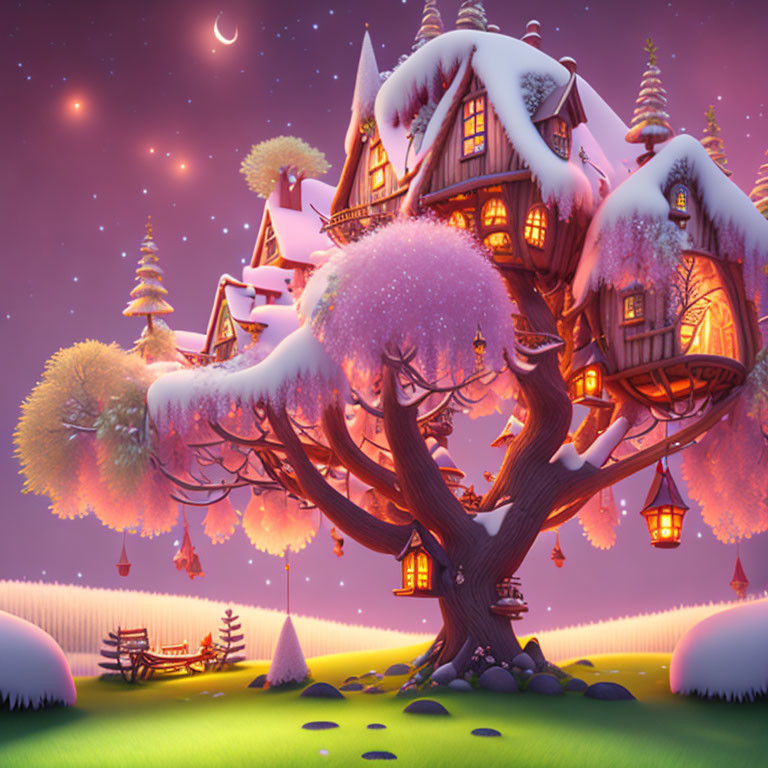 Snowy treehouse with glowing windows and lanterns in magical winter night landscape