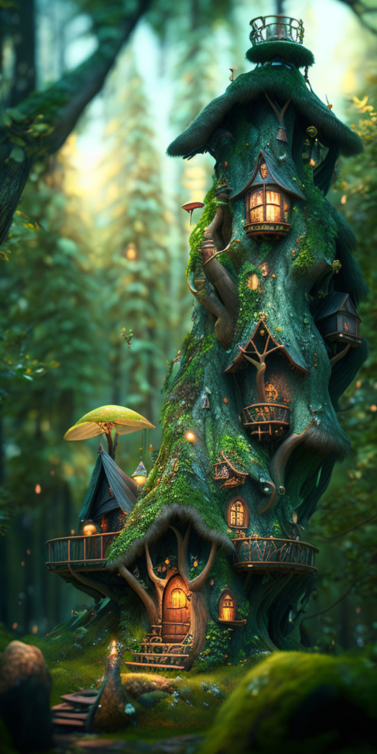 Tall treehouse with multiple levels in magical forest